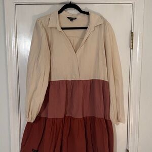 Long Sleeve Simply Southern Colorblock Tiered Dress in Cream and Rust